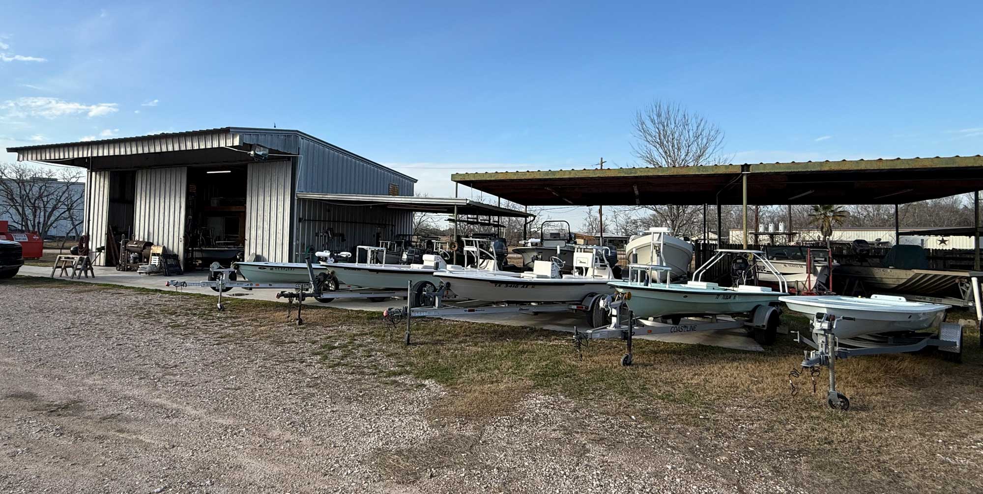 Skiffs at the ready outside Gringo Boatworks